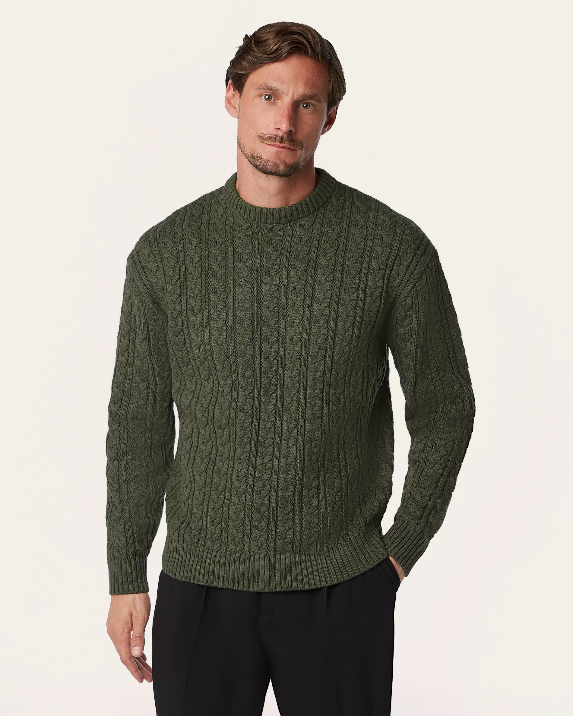 Heavy Seawool Cable Crewneck Dark Olive