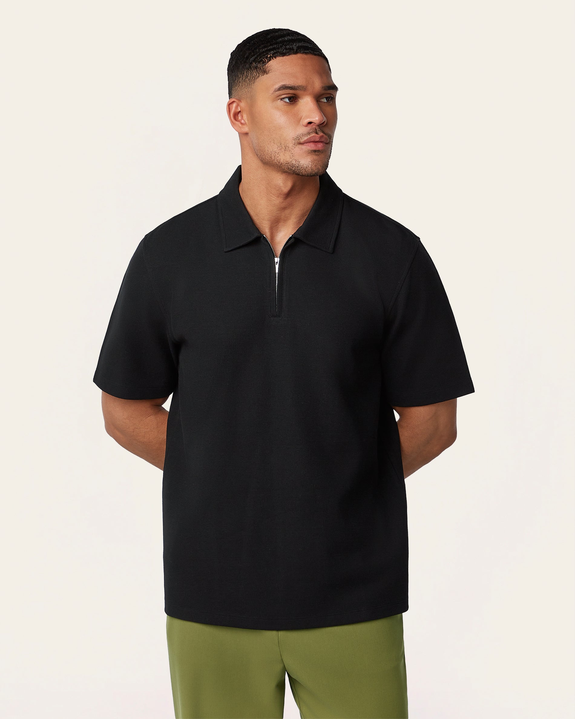 Black Relaxed Fit Zip Polo – Odour Resistant | LABFRESH